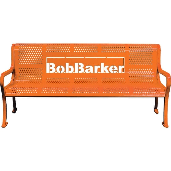 Custom orange perforated style thermoplastic bench with Bob Barker logo cut-out for commercial campuses, parks, and branded outdoor spaces