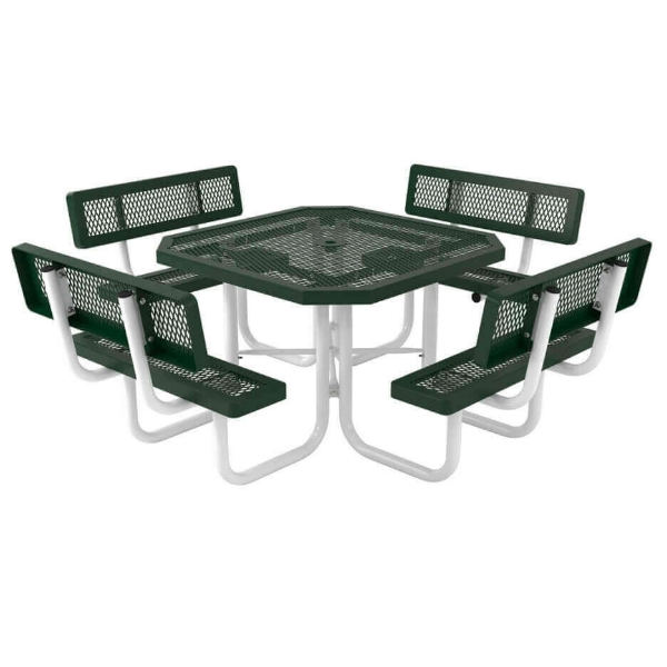 Commercial Thermoplastic Octagonal 46" Picnic Table with back, Plastic Coated Expanded Metal. Seats 8 Adults. 306 lbs.