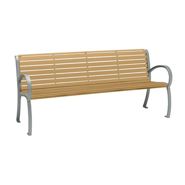 6' District Style Arm Bench with Powder-Coated Aluminum Frame and Faux Wood Slats - 92 lbs.