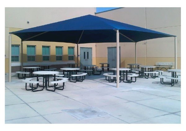 Hexagonal Fabric Hip End Shade Structure with 8 Ft. Entry Height 