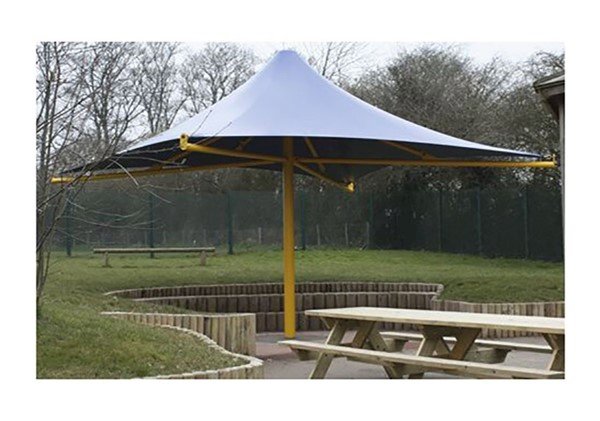 Square Fixed Waterproof Umbrella Shade Structure with Steel Center Post and Glide Elbows - 8' or 10' Height
