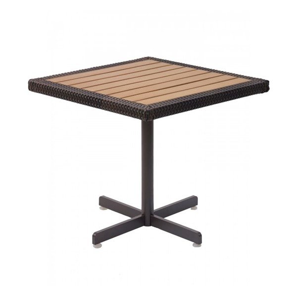 Outdoor Square Restaurant Dining Table With Wicker Edge Faux Teak Top And X Aluminum Base