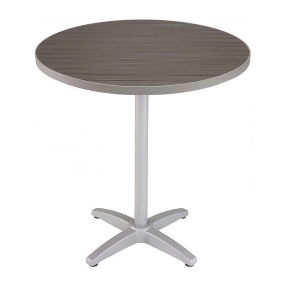 Outdoor Restaurant Bar Height Table With Aluminum Edge Faux Teak Top And X Aluminum Base