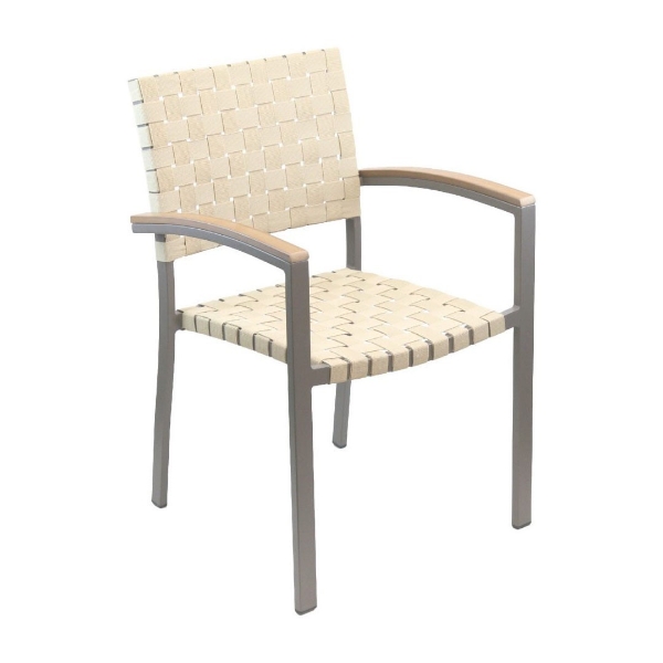 Uptown Outdoor Restaurant Dining Chair With Stackable Aluminum Frame And Wooden Or Mesh Belt Seat 