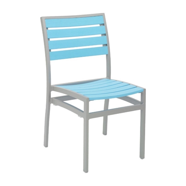 Tropical Breezeway Outdoor Restaurant Dining Chair With Stackable Aluminum Frame And Faux Teak Seat 