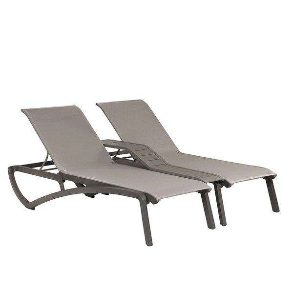 Sunset Sling Duo Chaise Lounge With Plastic Resin Frame And Middle Console - Gray/Platinum Gray