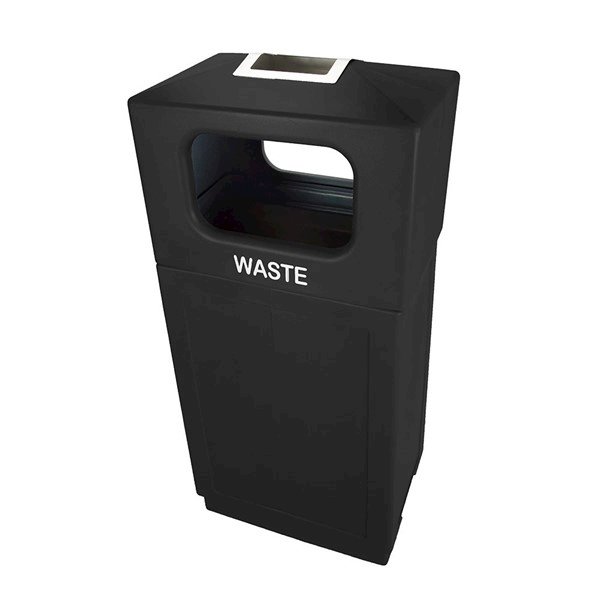 39 Gallon Plastic Square Trash Receptacle with Ashtray Hooded Top and Hard Plastic Liner - 42 lbs.