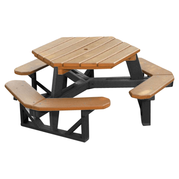 Heavy Duty Recycled Plastic Hexagonal Picnic Table with 3 Attached Benches and Umbrella Hole