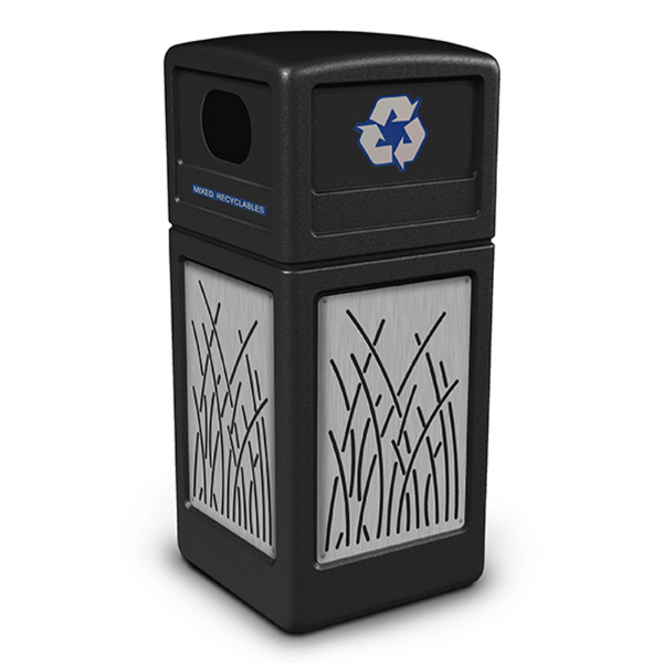 42 Gallon Recycle Top Plastic Trash Receptacle With Decorative Reeds Stainless Steel Panels