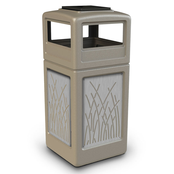 42 Gallon Ashtray Top Plastic Trash Receptacle With Decorative Reeds Stainless Steel Panels
