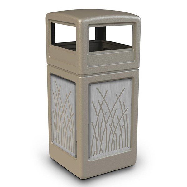 42 Gallon Dome Top Plastic Trash Receptacle With Decorative Reeds Stainless Steel Panels
