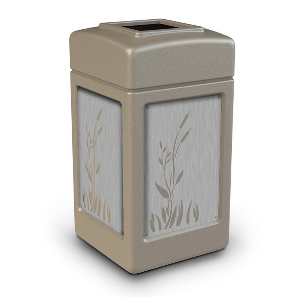 42 Gallon Recycle Top Plastic Trash Receptacle With Decorative Cattails Stainless Steel Panels