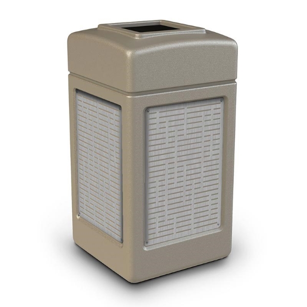 42 Gallon Open Top Plastic Trash Receptacle With Decorative Horizontal Lines Stainless Steel Panels