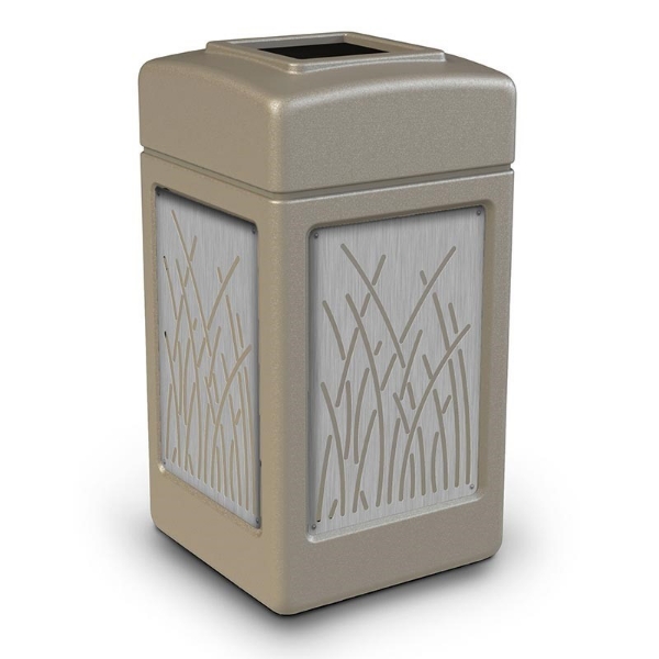 42 Gallon Stone Tec Commercial Square Plastic Trash Receptacle With Reed Panels And Open Lid