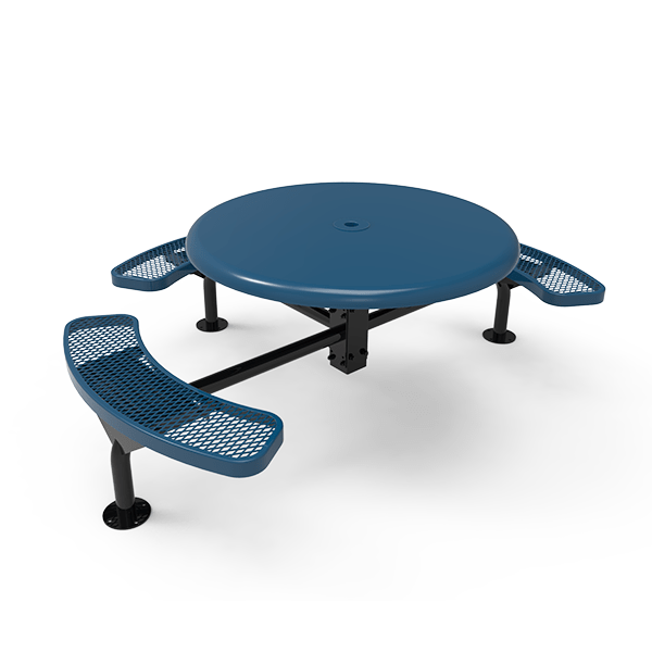 Surface Mount - Expanded - ELITE 46” Nexus Round Thermoplastic Polyethylene Coated Metal Picnic Table with 3 Attached Seat and Solid Top