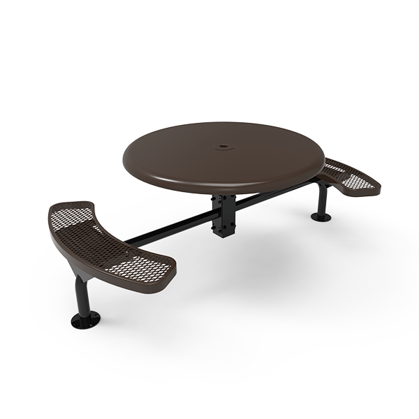 Surface Mount - Expanded - ELITE 46” Nexus Round Thermoplastic Polyethylene Coated Steel Picnic Table With 2 Attached Seat And Solid Top