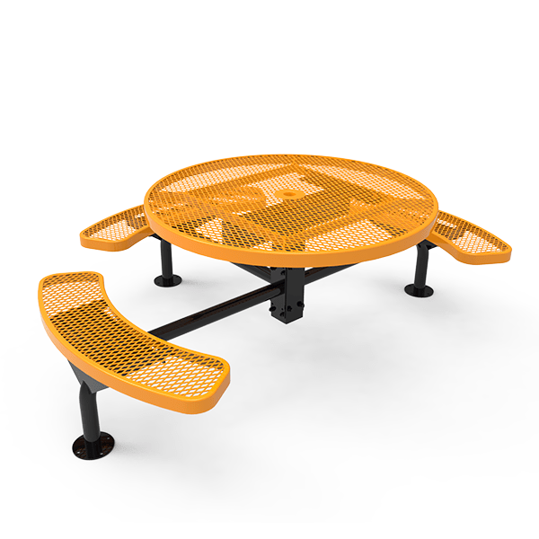 Surface Mount - Expanded Metal - RHINO 46” Nexus Round Thermoplastic Polyolefin Coated Pedestal Metal Picnic Table with 3 Attached Seats
