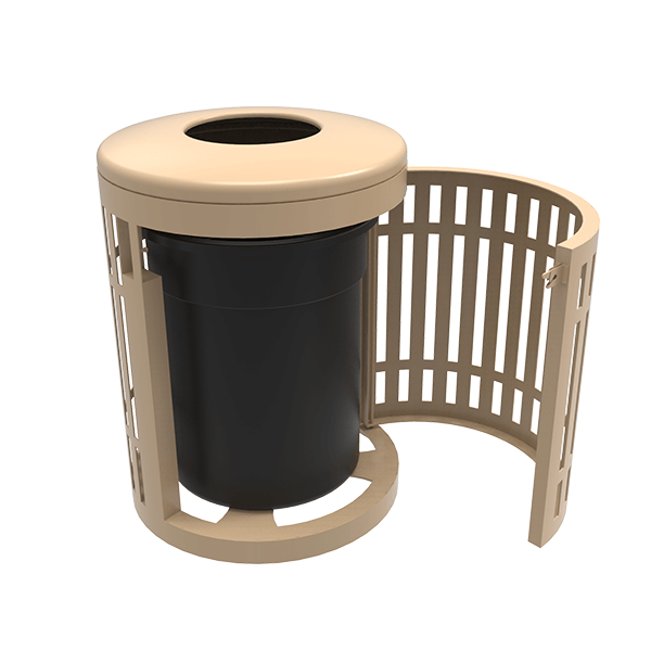 RHINO 32 Gallon Thermoplastic Strap Steel Skyline Trash Receptacle with Flared Top, Side Opening, Liner, and Flat Top Lid