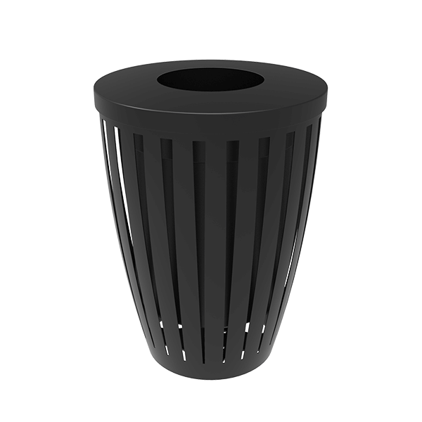 RHINO 32 Gallon Thermoplastic Slatted Steel Downtown Trash Receptacle With Flared Top, Liner, And Flat Lid