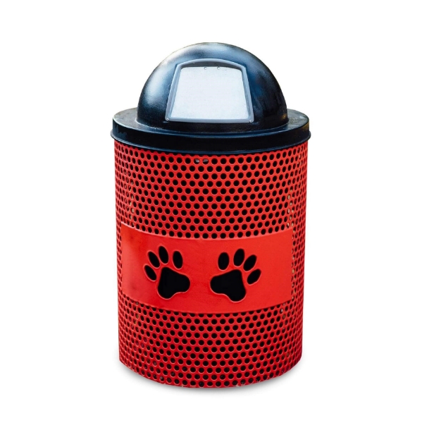 Perforated 32 Gallon Paws Design Dog Park Trash Receptacle with Plastic Dome Top and Liner Included