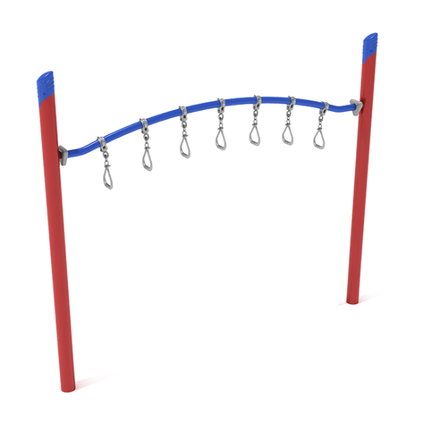 Curved Overhead Swinging Ring Ladder Monkey Bars Playground Equipment with Single Post - Ages 5 to 12 Yrs. - Red on Blue