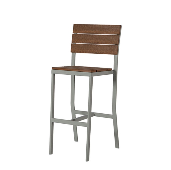Front view of Bermuda Bar Height Arm Chair featuring brown marine-grade polymer slats and silver aluminum frame.