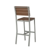 Rear view of Bermuda Bar Height Arm Chair showing durable brown polymer slats and sleek powder-coated aluminum frame.