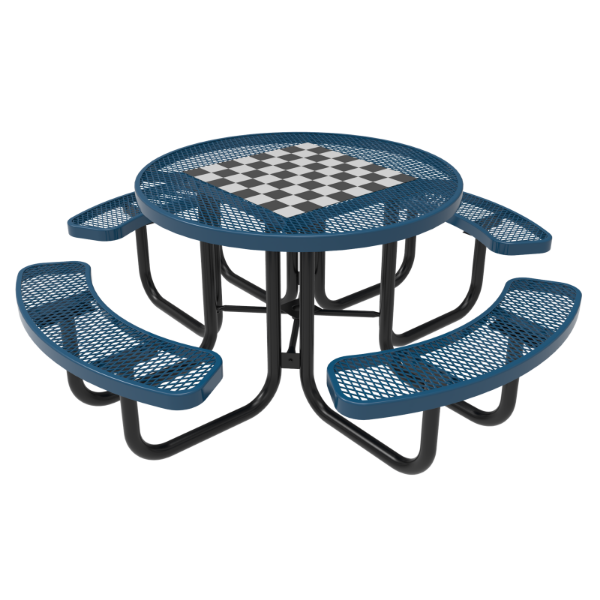 46-inch round thermoplastic picnic table with attached curved seats and built-in checkerboard game top for outdoor recreation