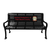 Custom perforated thermoplastic memorial bench with firefighter dedication lettering and full-color badge, designed for outdoor seating at parks, stations, and civic spaces
