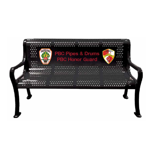 Sublimation printed perforated thermoplastic bench with Pipes and Drums Honor Guard logos and custom lettering, ideal for public memorial plazas and fire department facilities