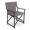 Commercial sling boss director chair featuring a black aluminum frame and gray fabric seat and back for hospitality and outdoor seating areas.