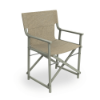 Outdoor commercial director chair with sage aluminum frame and tan sling fabric designed for resort, hotel, and patio environments.