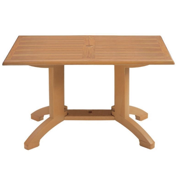 48" x 32" rectangle Atlanta patio table with teakwood-style molded melamine top and sturdy dual-leg resin base, perfect for outdoor commercial 