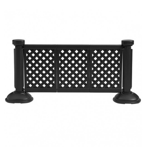 Black decorative lattice resin patio fence panel with weighted portable base for outdoor dining and restaurant patio barriers
