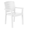 White Acadia commercial outdoor dining arm chair in durable plastic resin with slatted back and curved arms