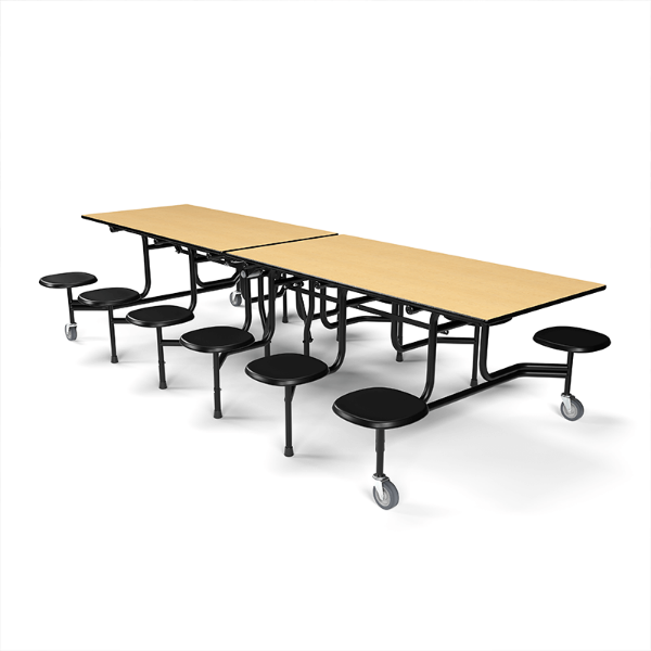 12 ft folding cafeteria table stored upright with 12 attached stools, maple top and mobile steel frame