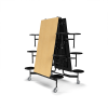 12 ft folding cafeteria table with 12 attached stools, maple laminate top and black steel frame on casters