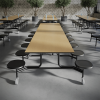 12 ft folding cafeteria tables with attached stools arranged in modern school dining area with flexible seating layout