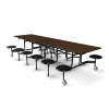 12 ft folding cafeteria table with 12 attached stools, walnut laminate top and commercial steel frame