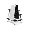 12 ft cafeteria table folded vertically with gray top, attached stools and rolling steel frame for storage