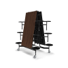12 ft folding cafeteria table stored upright with walnut top, attached stools and mobile steel base