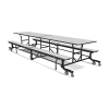 12 ft folding lunchroom table with bench seating, gray laminate top and black steel frame on casters