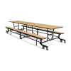 12 ft folding cafeteria table with attached bench seats, maple laminate top and powder coated steel frame