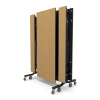 folding lunchroom table with maple top stored upright with bench seating and mobile steel base on casters