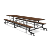 12 ft folding lunchroom table with bench seating, walnut laminate top and commercial steel frame on casters