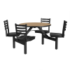 36 inch round indoor cluster table with HPL top, black steel frame and four attached swivel seats