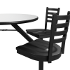 close up of attached swivel seat and edge of 36 inch HPL cluster table with powder coated steel frame
