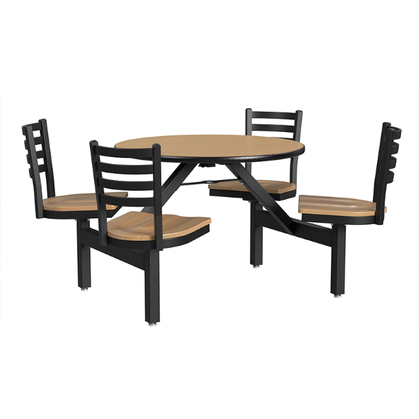 36 inch round indoor cluster table with maple laminate top and natural wood seats on black steel frame