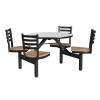 36 inch round cluster table with gray laminate top and natural wood seats for indoor cafeteria use