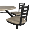 close up of fiberglass table edge and attached seat with black steel frame on outdoor cluster table